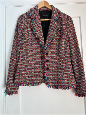 Escada Multicolor Tweed Fringe-Trim Blazer